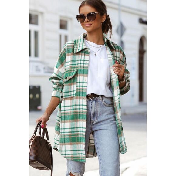 Azura Exchange  Green Plaid Flap Pocket Long Sleeve Shacket - Picture 5 of 7